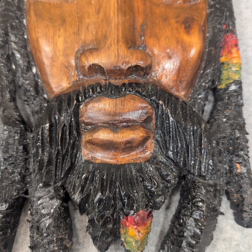 Hand Carved Wooden Rasta Mask Dreadlocks Beard Red Yellow Green Wall Art Decor - Picture 2 of 8